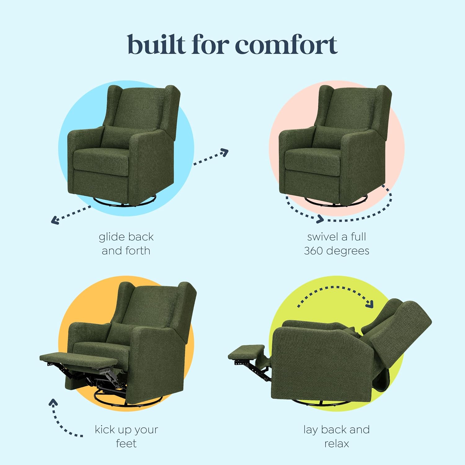 Carter's by Davinci Arlo Recliner, Performance Forest Green Linen | Glider Recliner Nursery Chair w/ 360° Swivel - GREENGUARD Gold & FSC Certified - Water & Stain Resistant Glider Rocking Chair