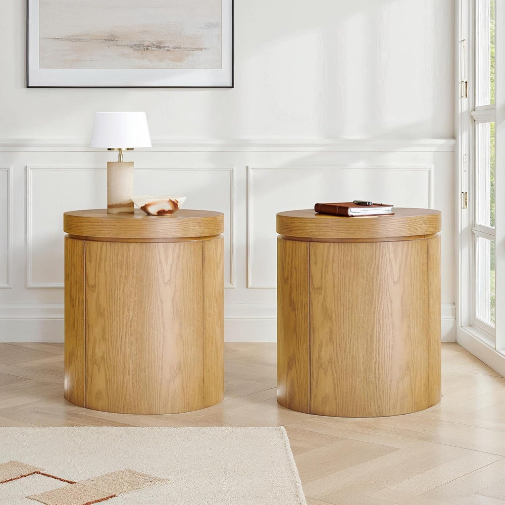Walker Edison 2-Pack Maya Modern Solid Oak Wood Veneer Side Tables with Stora...