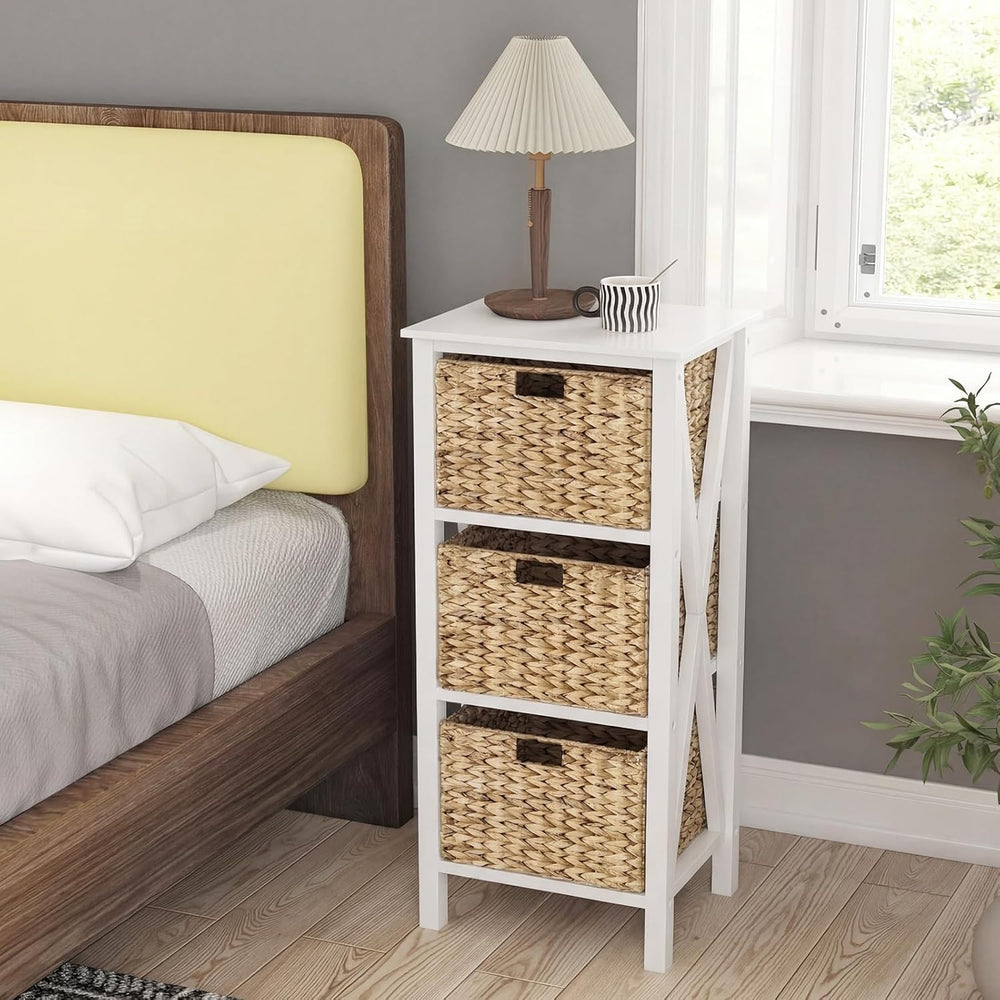 GOFLAME End Table with Wicker Drawers, Sofa Side Table with 3 Baskets, Rubber...