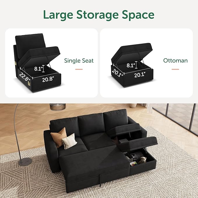 HONBAY Modular Sectional Sleeper Sofa with Pull Out Bed, L Shaped Couch with Storage Seat, Modular Sectional Couches for Living Room - Black