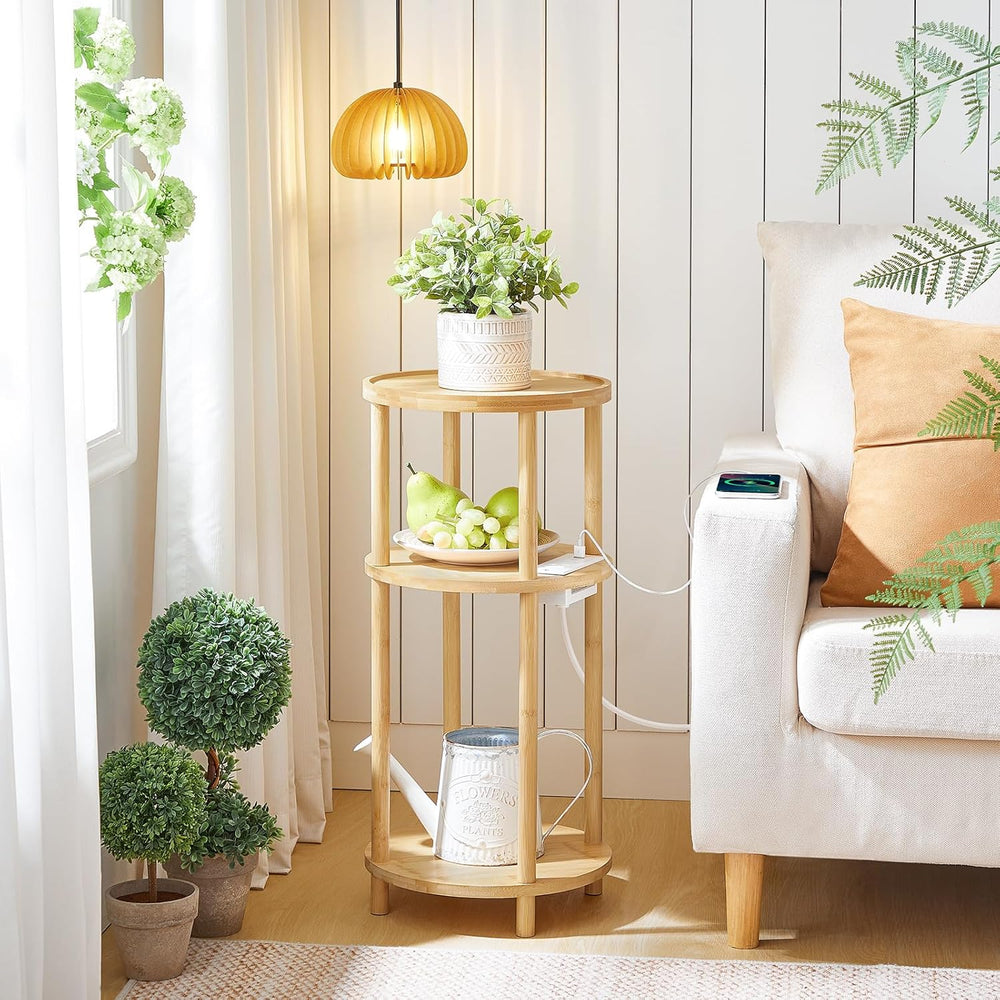HOOBRO Small Round Side Table with Charging Station, 3-Tier Round Bamboo End ...