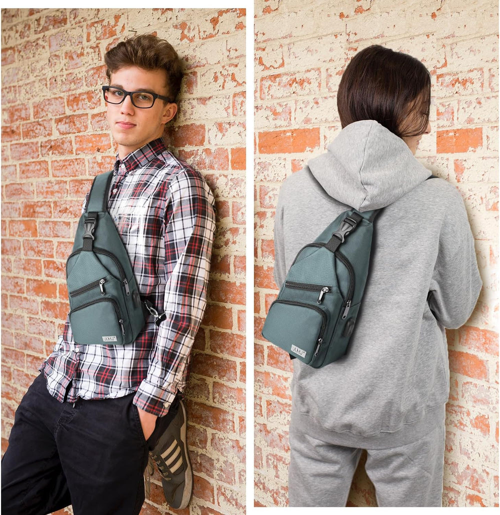 AMJ Crossbody Sling Bag, USB Charging Port Casual Shoulder Chest Bag with Log...
