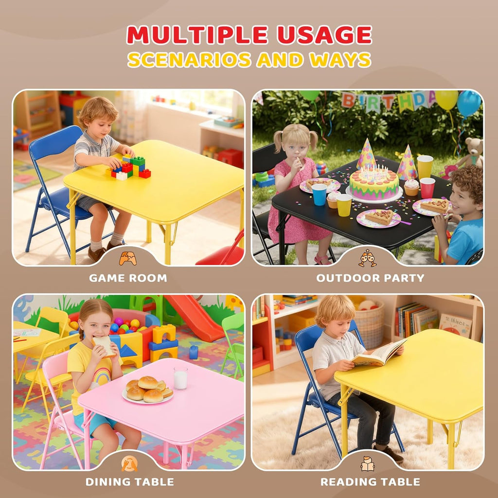 JOYMOR Kids Folding Table and Chairs Set, 3-Piece Metal Frame Activity Set with Easy-Fold Design for Playroom & Classroom (Pink)