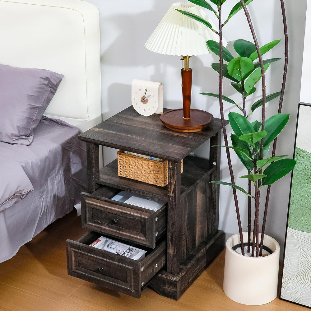 ALBAD Farmhouse Nightstand with Charging Station Rustic Bedside Table with 2 ...