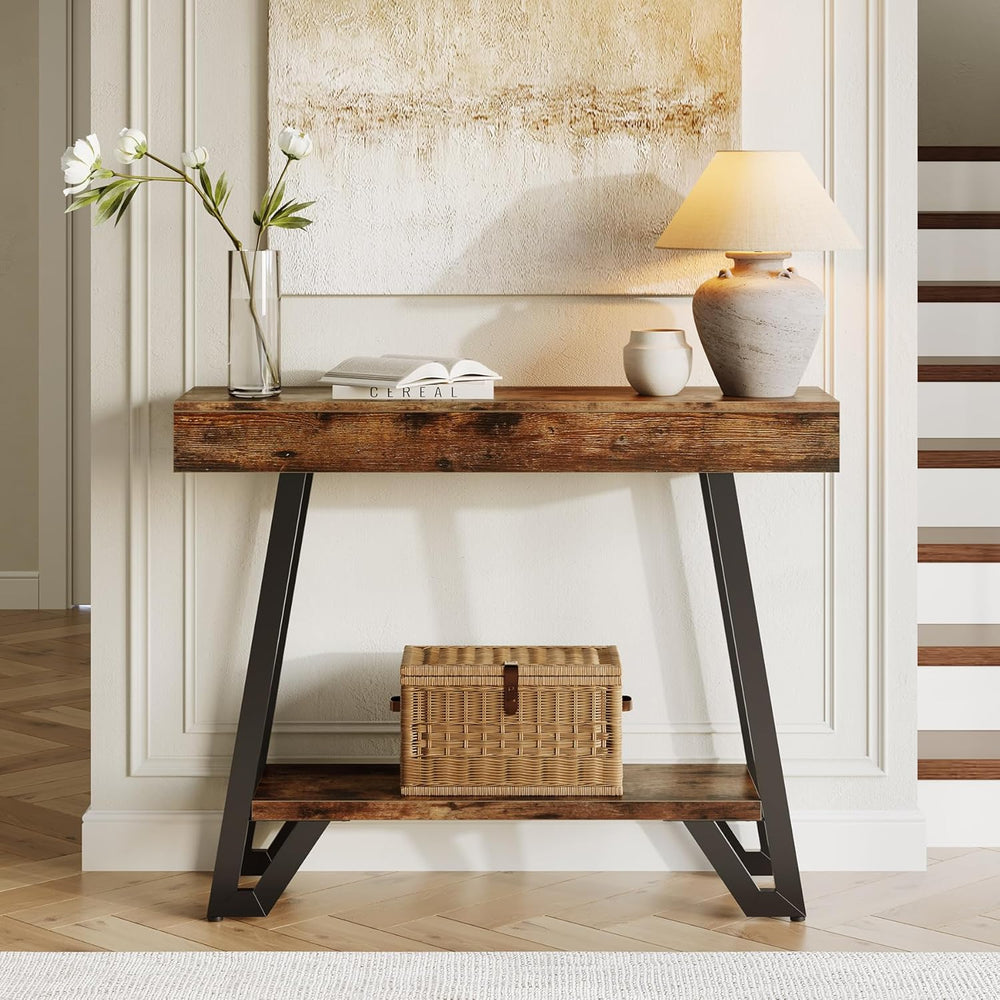 LITTLE TREE 41-Inch Console Table with Geometric Metal Frame, Rustic Brown, E...
