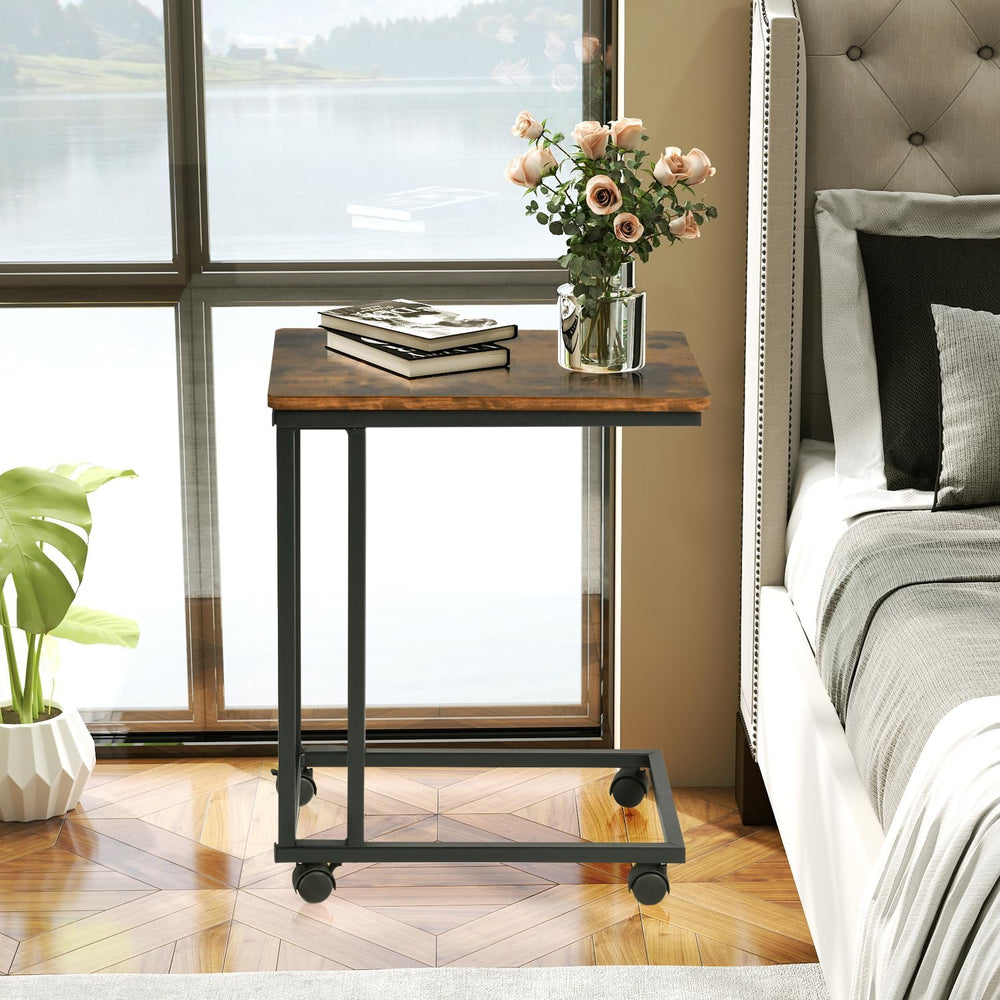 FurnitureR End Table C Shaped, Snack Side Table with Rolling Wheels for Sofa ...