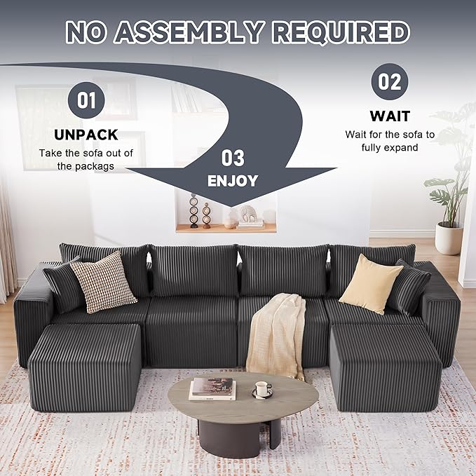 135.4" Cloud Couch Sectional, Modular Sectional Sofa with Deep Seat, Plush Corduroy U Shaped Boneless Couch, Convertible Sectional Couches for Living Room, 6Seat, Grey