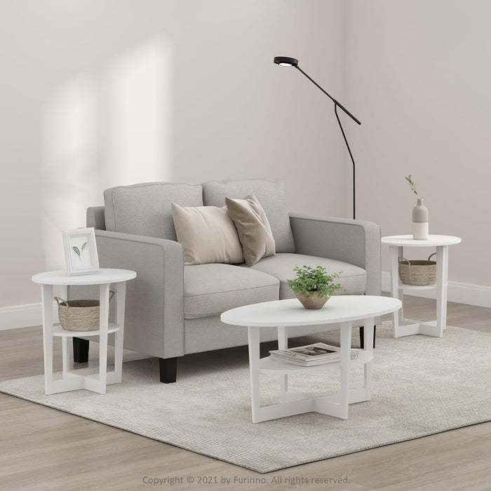 Furinno Jaya Side Table Set of 2, 2-Tier Round Modern End Table with Oval Tabletop, Night Stand, Bedside Table with Open Shelf, for Living Room, Bedroom, Plain White