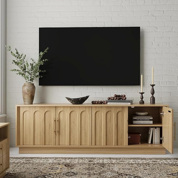 TV Stand for 75 Inch TV, Mid Century Modern TV Stand with Arched Design, Wood Grain Finish, Boho Media Console with Adjustable Shelves, 67" Entertainment Center for Living Room Bedroom, Oak