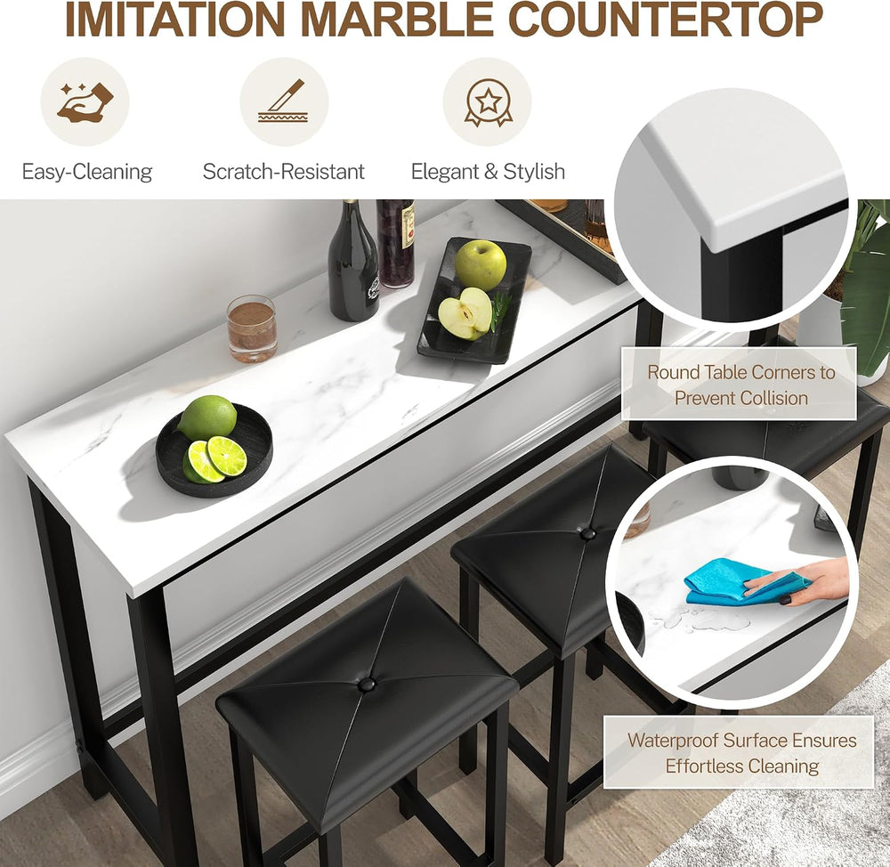 Bar Table Set for 3, 60.2” Faux Marble Behind Couch Table Set, Modern Sofa Ta...