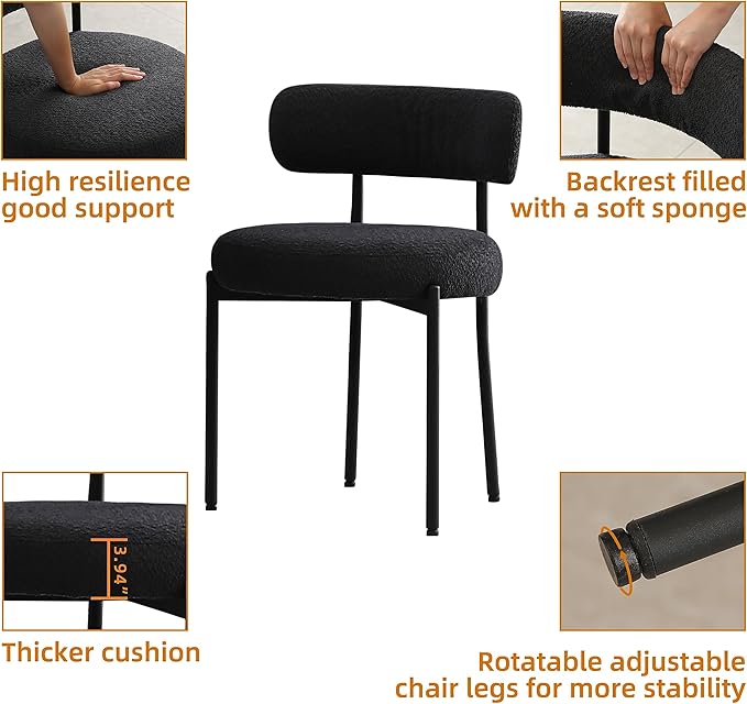 DYHOME Black Boucle Dining Chairs Set of 2, Mid Century Modern Kitchen Chairs...