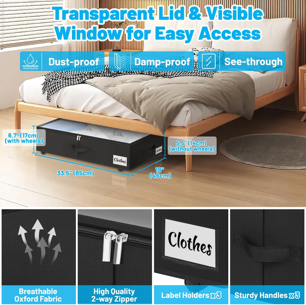 2 Pack Under Bed Storage with Wheels 6.7" Height, Rolling Storage Bins XL 50L, Underbed Shoe Storage Containers with Label & Clear Lid, Dorm Under bed Drawers for Clothes, Shoes, Quick Assembly, Black