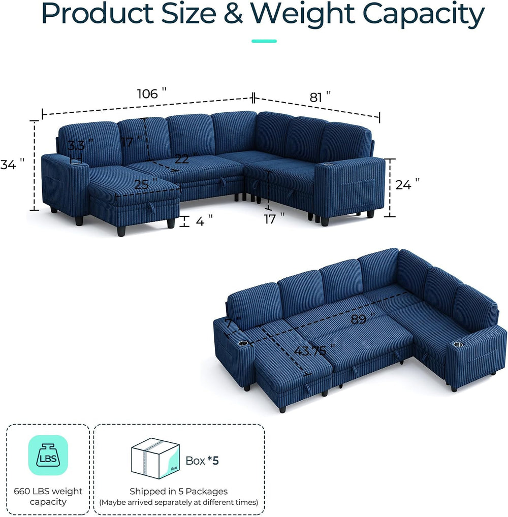 LINSY HOME Sectional Couches for Living Room, 81" U Shape 6 Seats, Blue ...