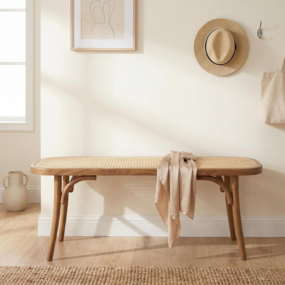 Farmhouse Wood Bench Seat Small Rattan Cane Bench Wicker Bench for End of Bed...