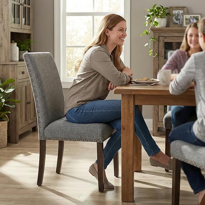 Furniliving Upholstered Dining Chairs Set of 6 - Line Fabric Modern Farmhouse Kitchen Chairs, High-Back Dining Room Chairs with Wooden Legs for Kitchen Dining Room Living Room.Grey