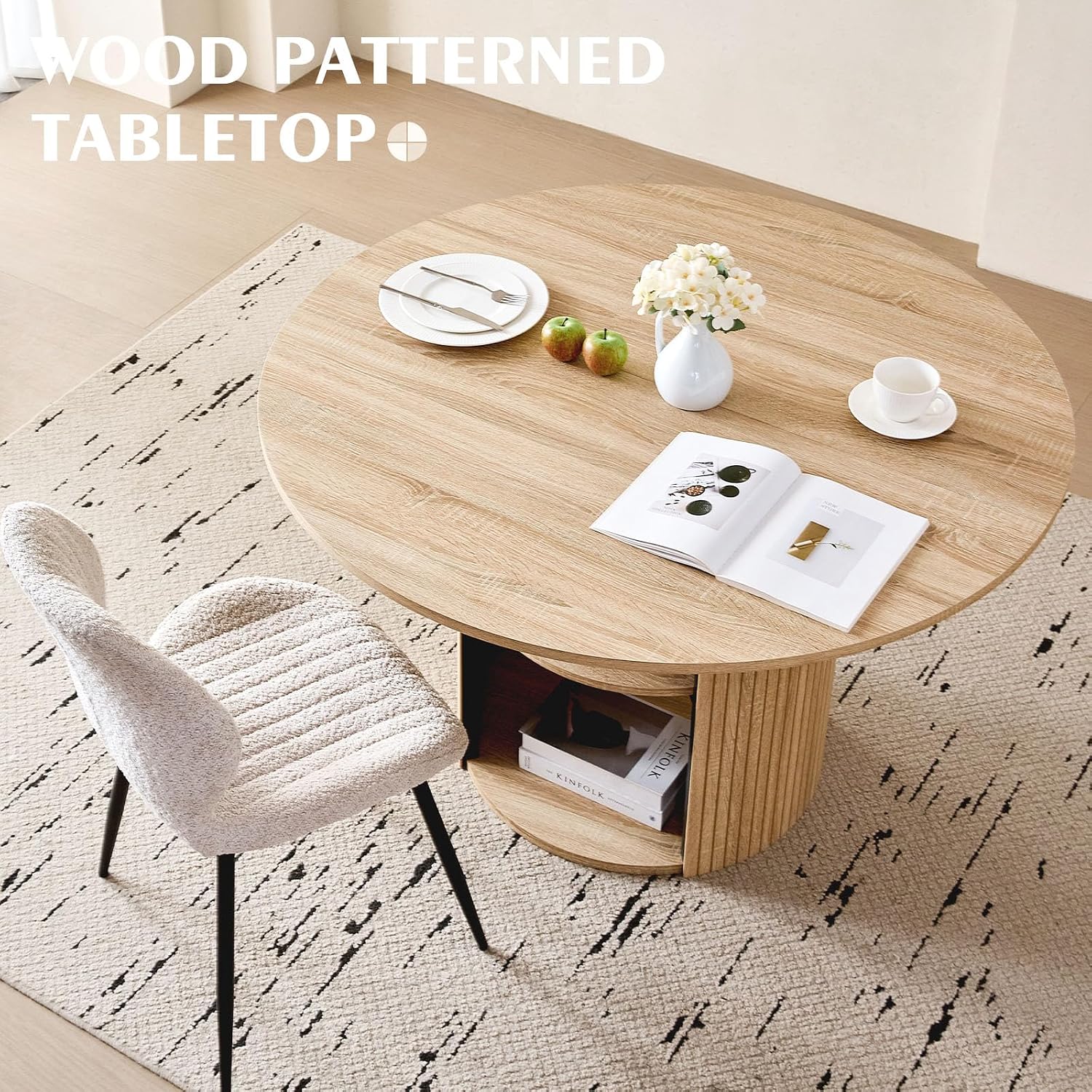 47" Round Dining Table Set for 4 Modern Storage Kitchen Table with 4 Boucle Upholstered Chairs for Dining Living Room Home Small Space(Natural Table with Beige Chairs)