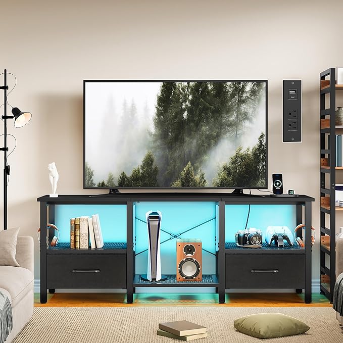 TV Stand for 55 Inch TV, LED Entertainment Center with Fabric Drawers and Power Outlets, Modern Industrial TV Media Console for Living Room, Bedroom Storage Cabinet - 47.2'' Black