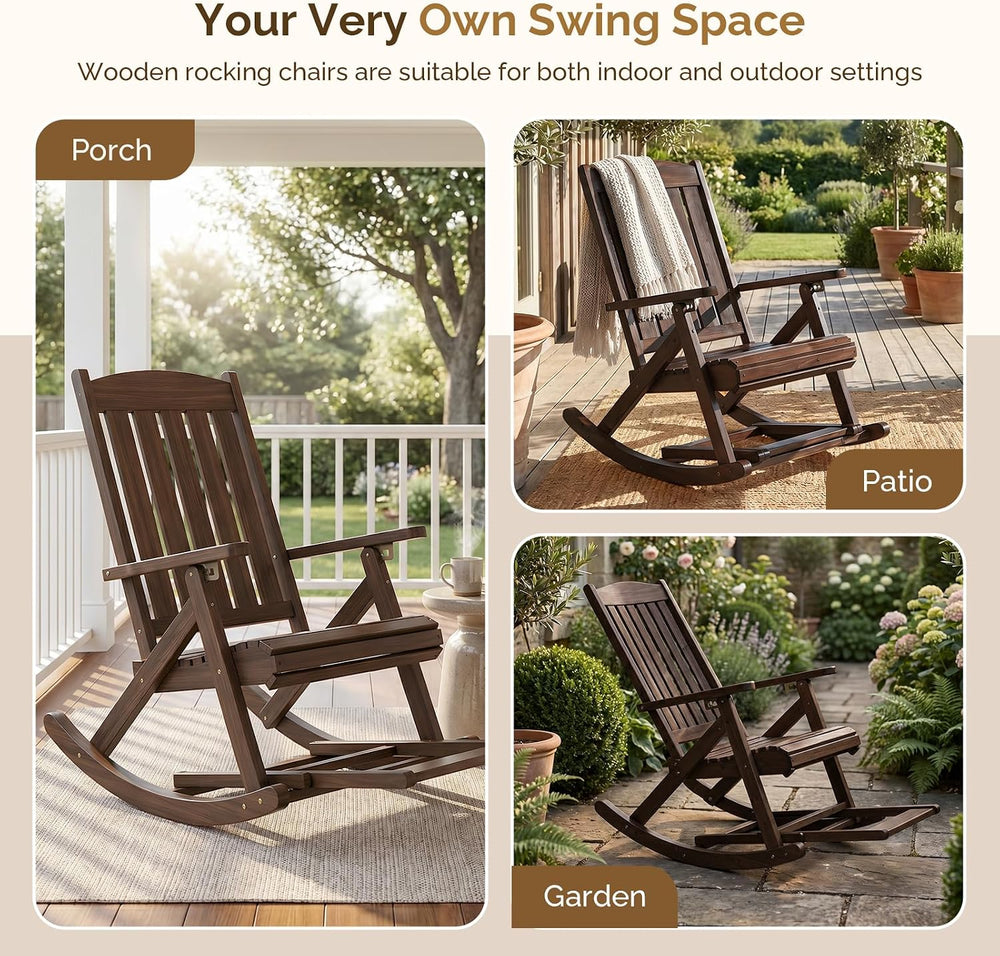VINGLI Wooden Porch Rocking Chair, Heavy Duty Outdoor Rocking Chair with Retr...