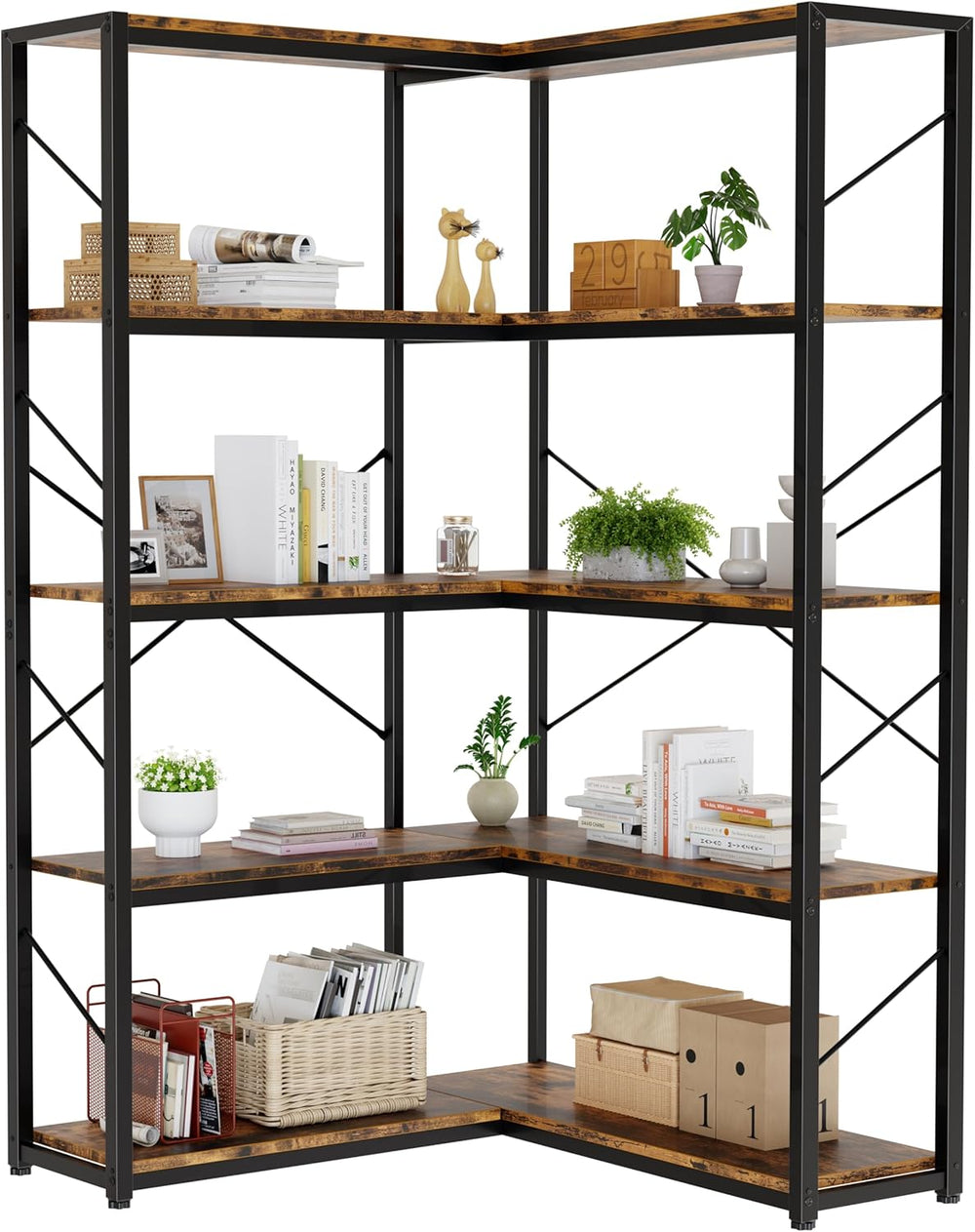 Shintenchi 5 Tier Corner Bookshelf, L Shaped Large Bookcase, Rustic Brown