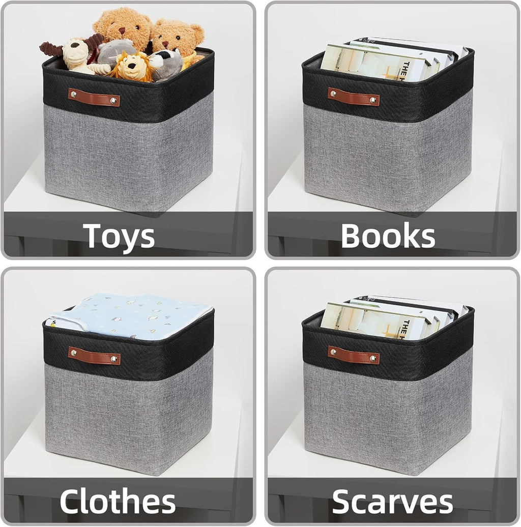 HNZIGE Storage Foldable Baskets Cubes Set(3 Pack) Fabric Bins for Shelves,13 Inch Storage Basket for Organizing with Leather Handles for Home, Toys, Clothes, Kids Room, Closet Storage(Black&White)
