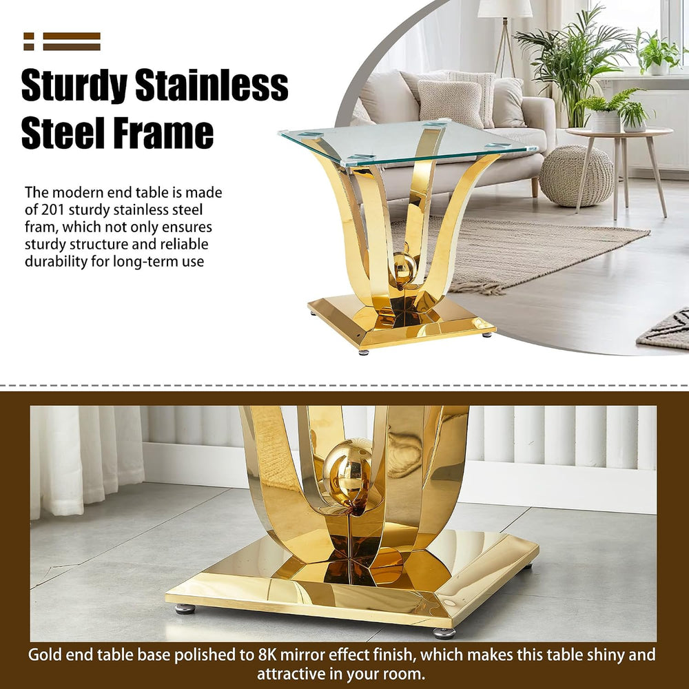 New Gold Glass Side Table, Luxury End Table with Mirror Finish Stainless Stee...
