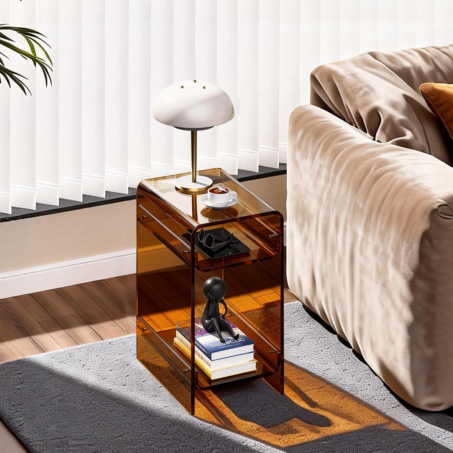Clear Acrylic Side Table Narrow, Side Table for Small Spaces, Skinny Nightstand/Bedside Table for Bedroom, Slim Small End Table, 8.7'' x 15.7'' x 21.7" (Dark Brown, Wide)