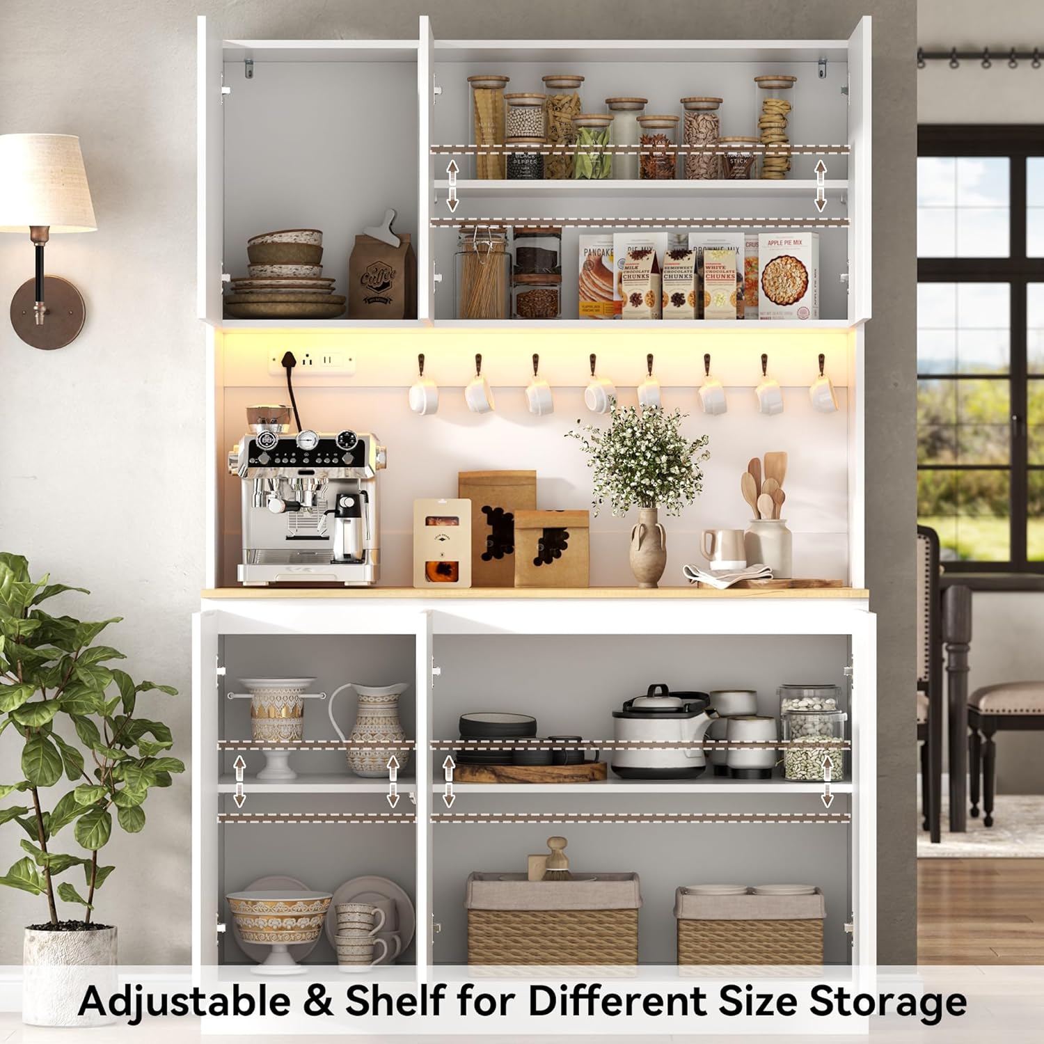 71" Black Kitchen Pantry with Power Outlet & LED Light, Large Kitchen Hutch Cabinet with Adjustable Shelf, Modern Buffet Cabinet with 6 Doors, Food Pantry Storage for Dining Room (White 6 Doors)