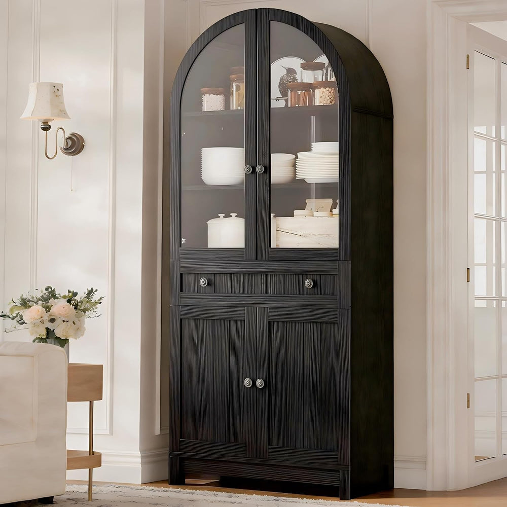 YITAHOME 71" Arched Pantry Cabinet with Glass Door, Shelves & Drawer...