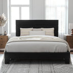 Allewie Full Size Platform Bed Frame with Velvet Upholstered Headboard and Wooden Slats Support, Fully Upholstered Mattress Foundation/No Box Spring Needed/Easy Assembly, Black