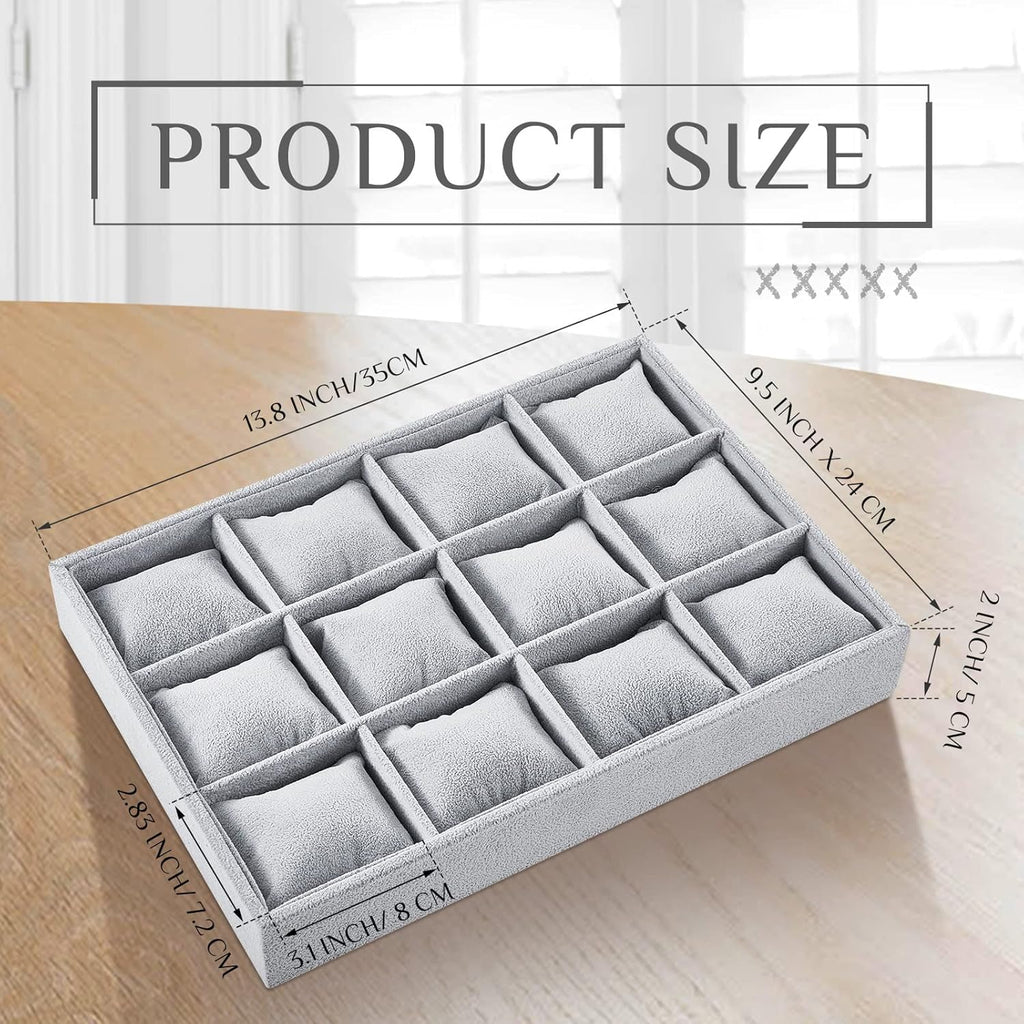 Henoyso 2 Pieces 12 Grid Velvet Watch Tray Jewelry Organizer Stackable Watch Bracelet Bangle Display Holder Adjustable Pillow (Gray)