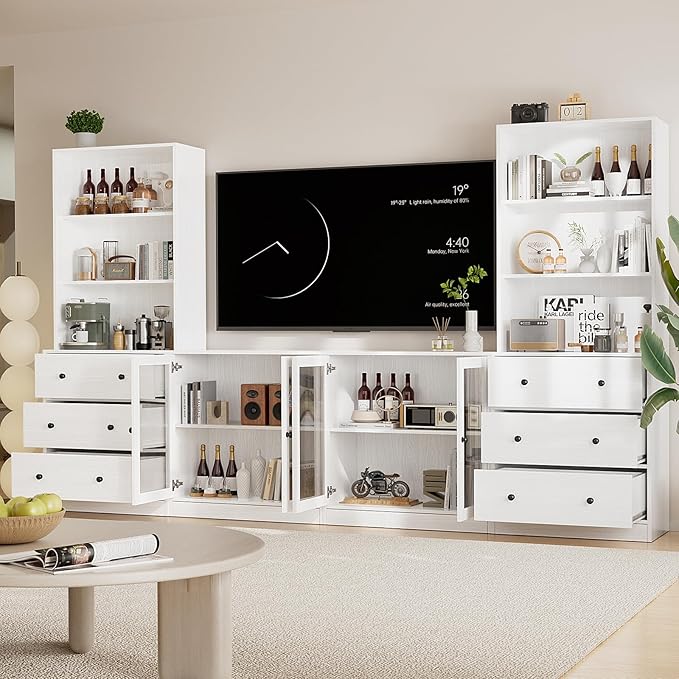TUSY 71" Large TV Stand Set - TV Entertainment Center for TVs up to 65", Media Center with Tempered Glass Doors and Drawer, TV Hutch with Bookshelves for Living Room (White, BDDB)