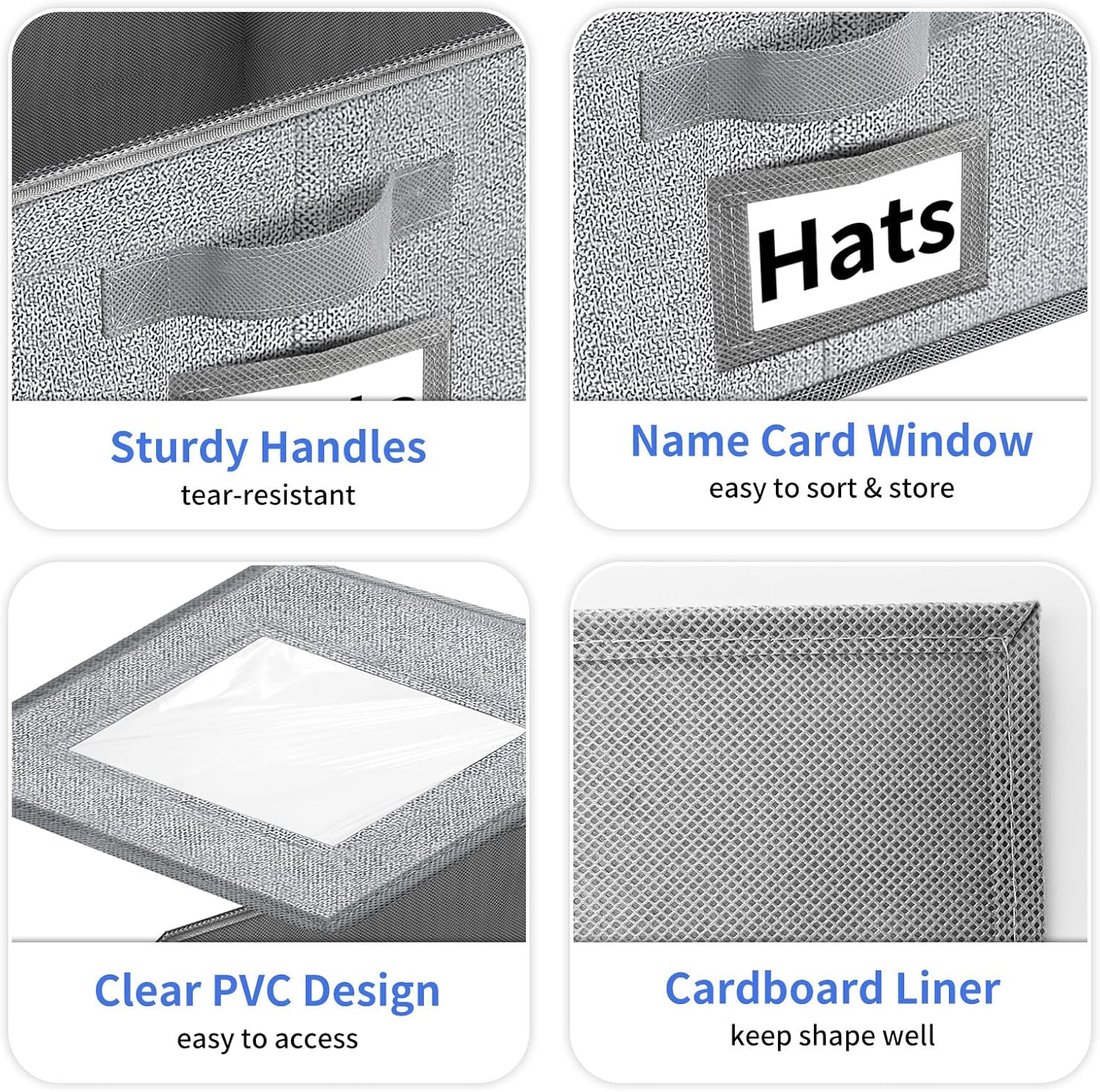 Aokeyee Hat Organizer for Baseball Caps - 2PCS Stackable Storage with Clear Window Lid, Flip-Top Access, Space-Saving Hat Box for Closet, Breathable Fabric (Grey)