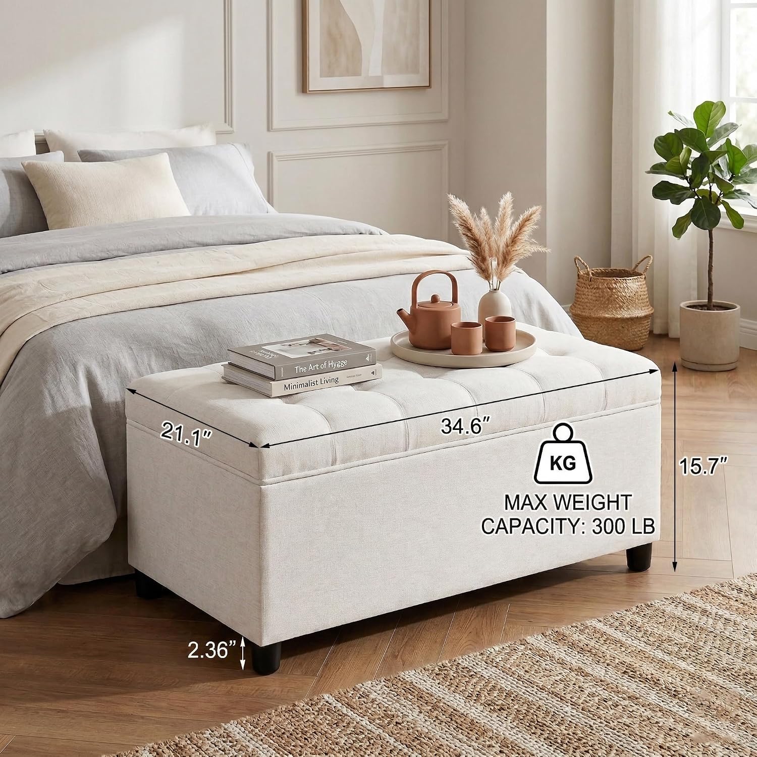 Storage Ottoman Bench 35 inch Linen Bench for Living Room | Multi-functional Ottoman with Storage with Hinged Lid for Bedroom End of Bed, Entryway Shoe Seat Easy Assembly, Linen Beige