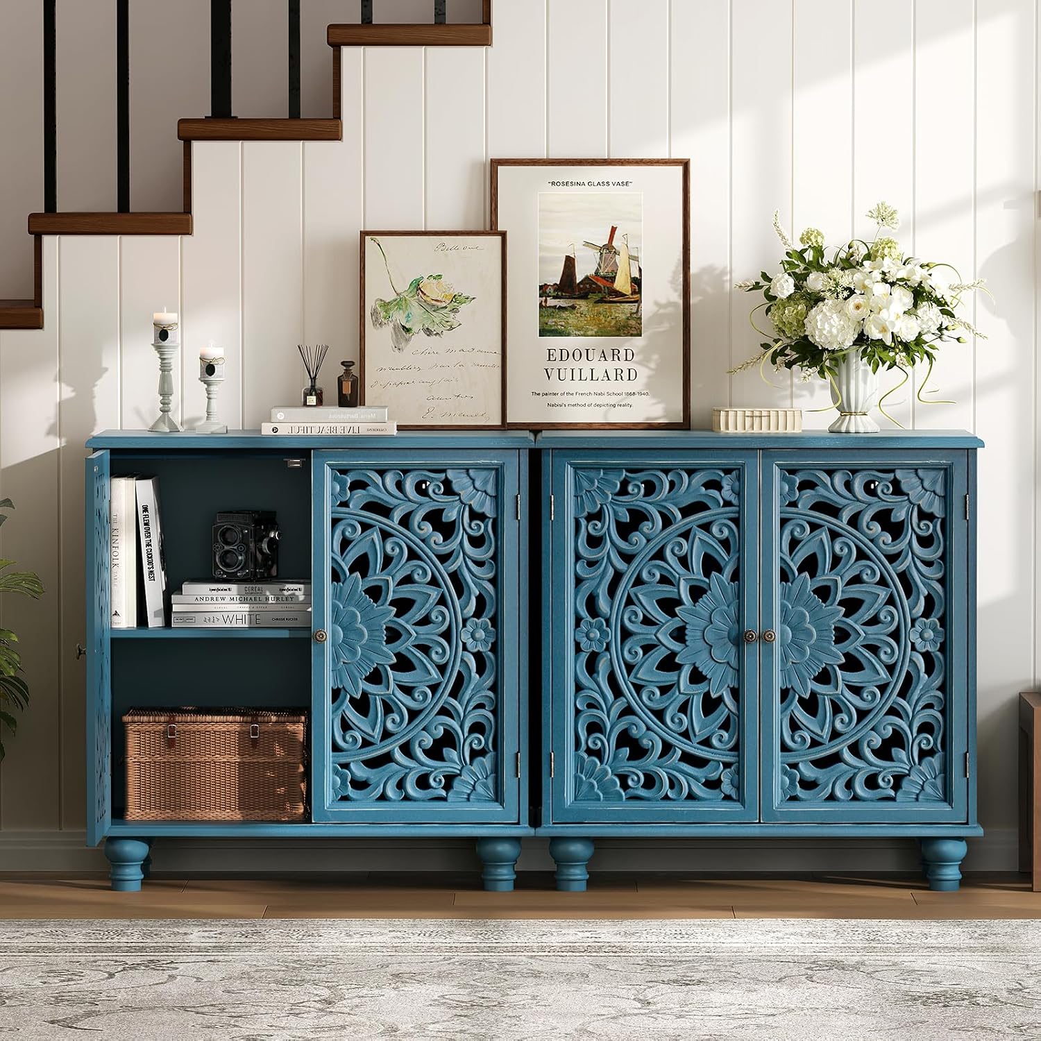 JOINICE 31" Accent Storage Cabinet with Carved Doors,Mandala Blue | Carved Floral Design, Solid Wood Legs, Versatile Storage for Living Room & Bedroom & Hallway, Adjustable Shelf, Easy Assembly