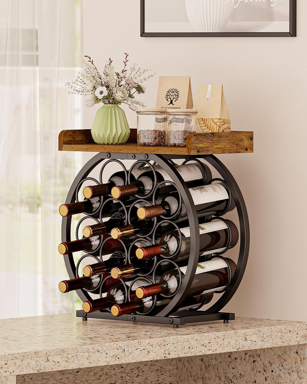 X-cosrack 14-Bottle Countertop Wine Rack with Wooden Tabletop, Freestanding R...