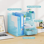 Marbrasse Desk Organizer and Accessories, 3-Tier File Organizer with Drawer and Pen Holder, Small Desktop Organizer and Storage for Workspace Office Supplies Blue