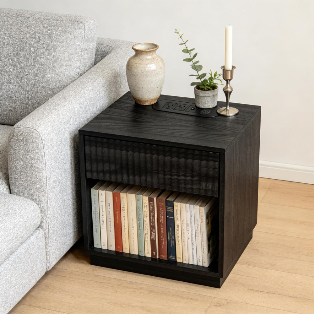 Night Stand with Charging Station, 23 Inch Tall Fluted Modern Bedside Table w...