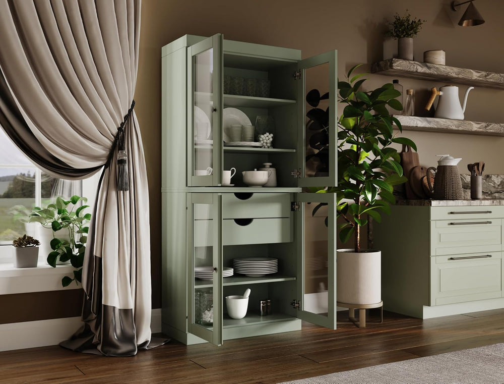 Palace Imports 100% Solid Wood 32"" Pantry Cabinet with Clear Glass...
