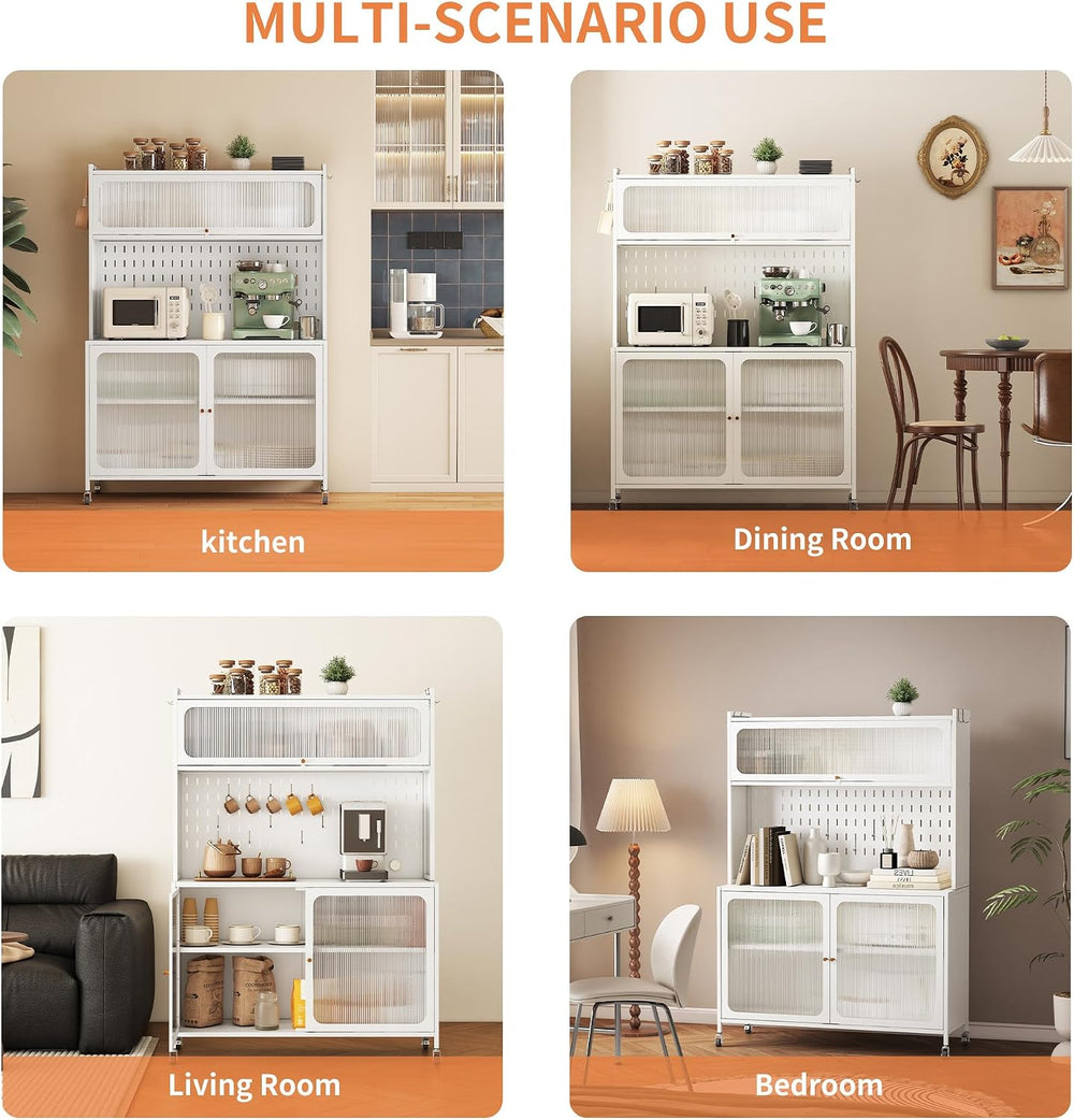 Rolling Kitchen Pantry Cabinet with 2 Glass Doors & Adjustable Shelves, F...