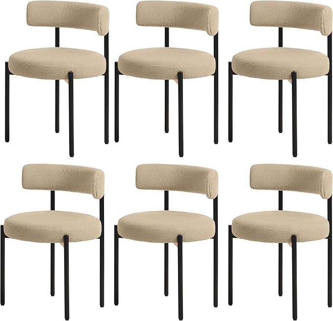 Boucle Dining Chairs Set of 6, Beige Dining Chairs with Upholstered Seat and Round Back, Mid-Century Modern Kitchen Chairs for Dining Room, Restaurant