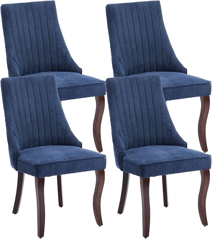 Blue Linen Dining Chairs Set of 4，Fabric Channel Tufted Kitchen Chairs, Upholstered Accent Chairs with Curved Solid Wood Legs, Comfortable Dining Chair for Dining Room, (Blue, 4pc)