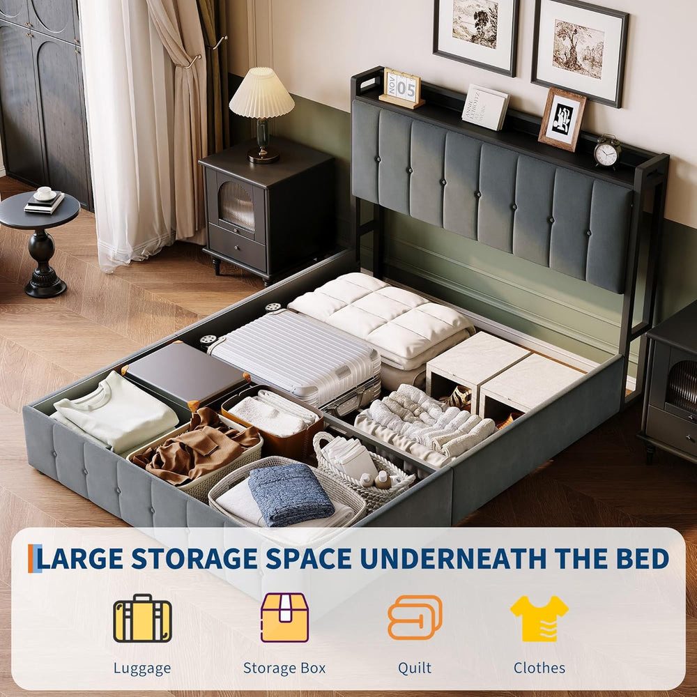 IDEALHOUSE Queen Upholstered Velvet Bed Frame with Lift Up Storage, Grey
