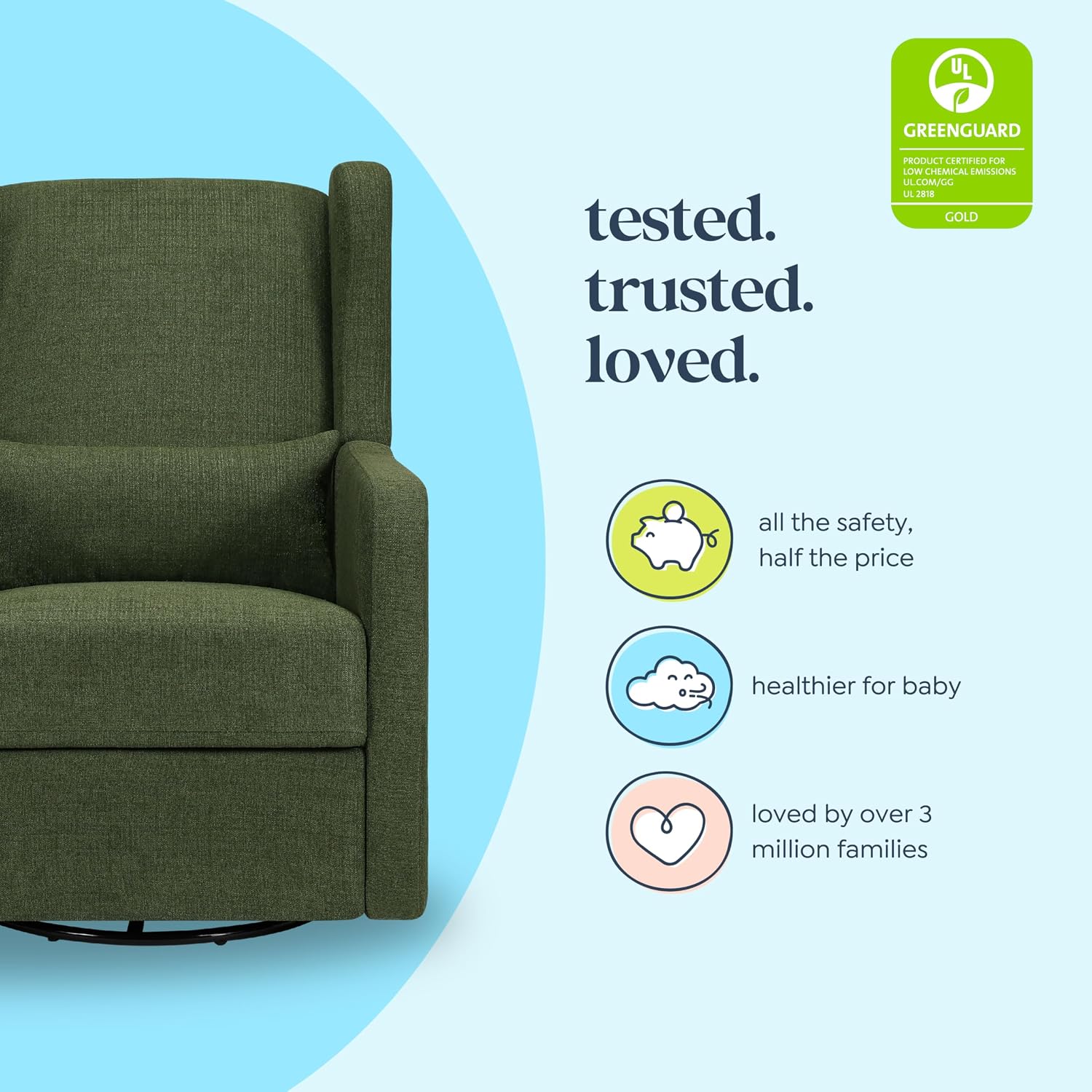 Carter's by Davinci Arlo Recliner, Performance Forest Green Linen | Glider Recliner Nursery Chair w/ 360° Swivel - GREENGUARD Gold & FSC Certified - Water & Stain Resistant Glider Rocking Chair