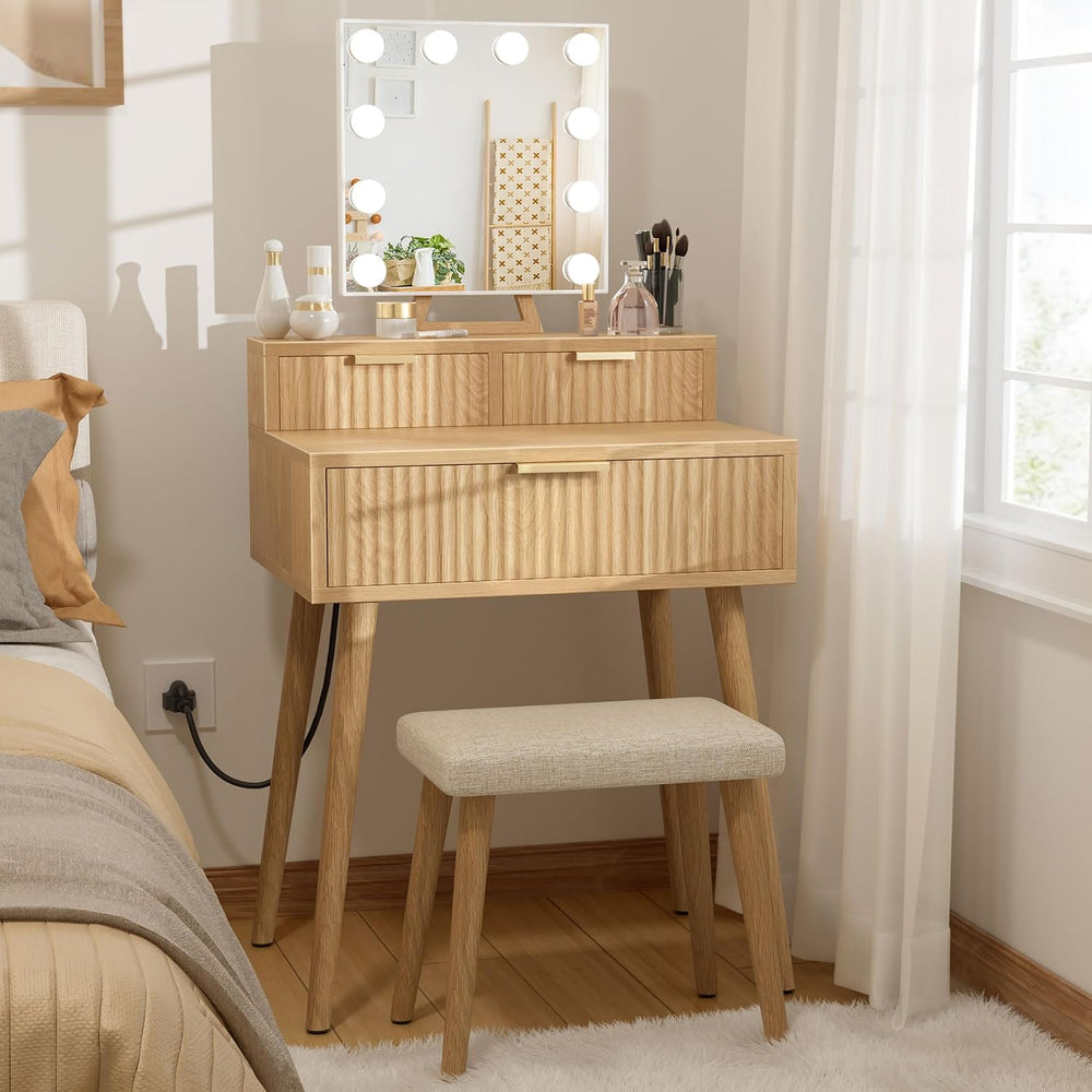 BOLUO Small Vanity Desk with Hollywood Mirror and Lights, Girls Vanity with S...