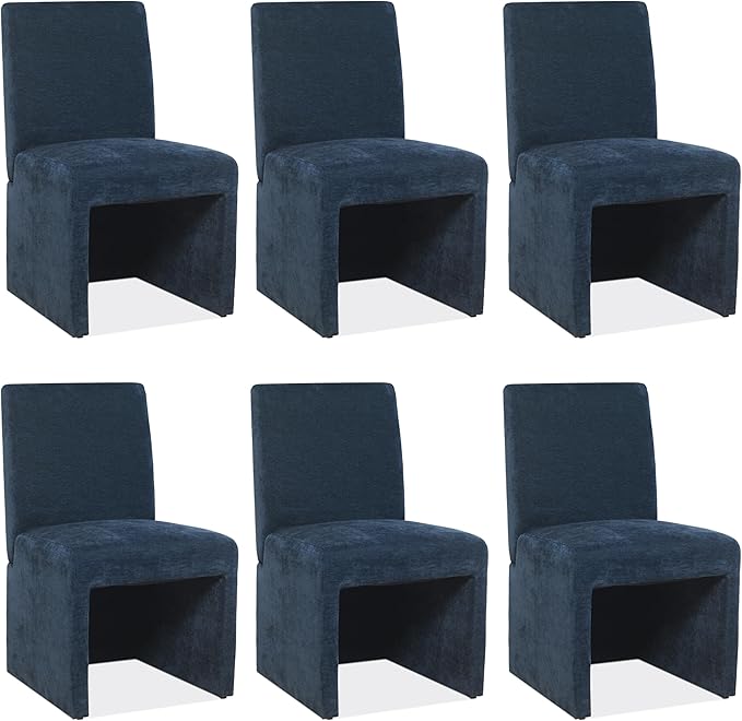 Blue Upholstered Dining Chairs Set of 6, Kitchen & Dining Room Chairs, Mid Century Modern Chairs, Linen Dining Chairs with Wooden Frame, Fabric
