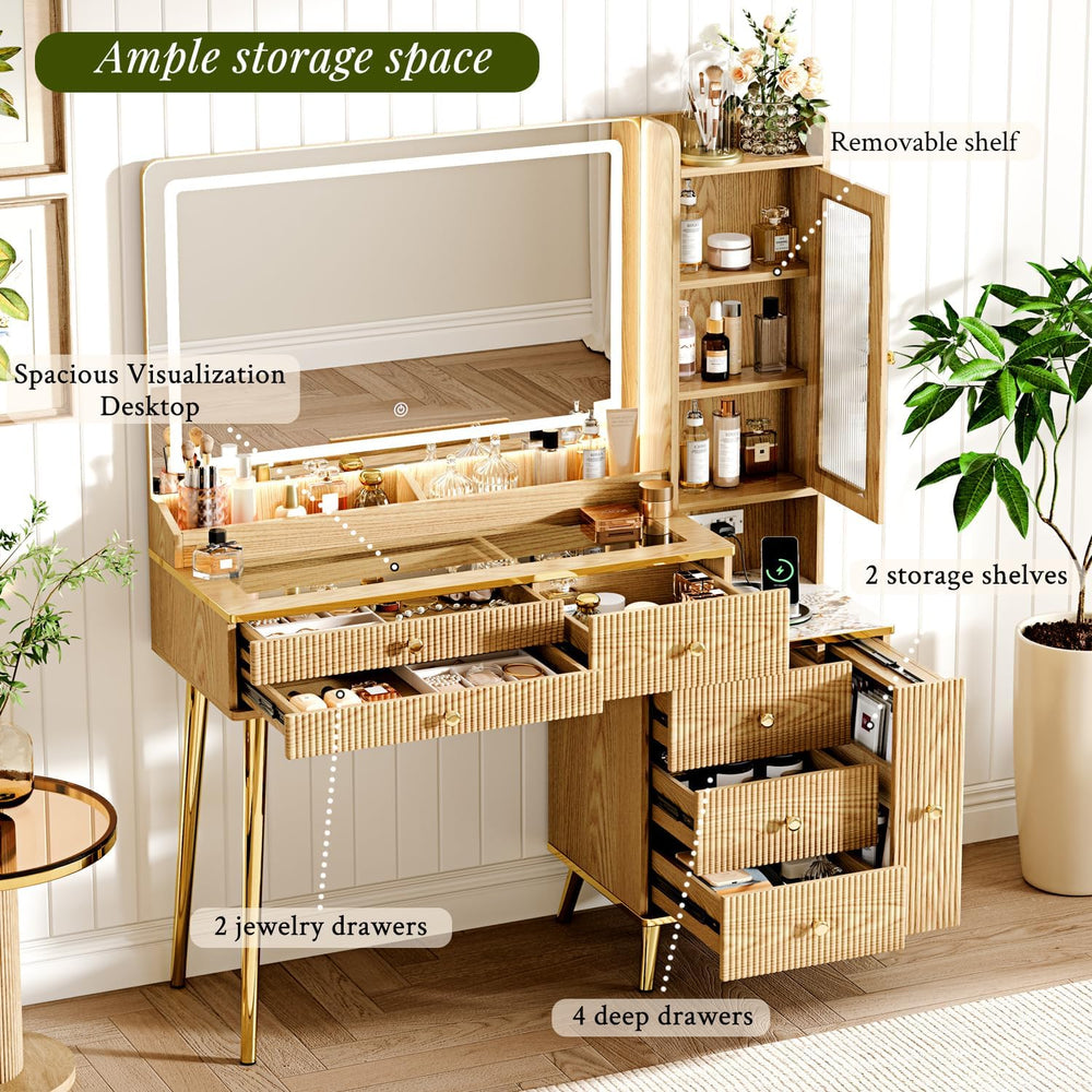 Arulvmrn Vanity Desk with 35.12" HD Lighted Mirror, 46.85" Big Mode...