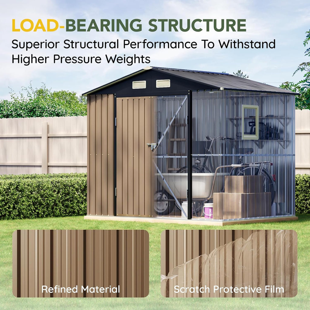 Breezz 8x6FT Outdoor Steel Storage Shed with Clear Window, Lockable Doors, Weather-Resistant Metal Tool Shed for Garden, Backyard, Patio, and Utility Storage.Brown