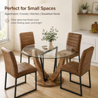 48 Inch Round Glass Dining Table Set for 4 | Tempered Glass Top, Wood Pedestal Base, 4 Brown Upholstered Chairs, Mid Century Modern Dining Room Set for Small Spaces
