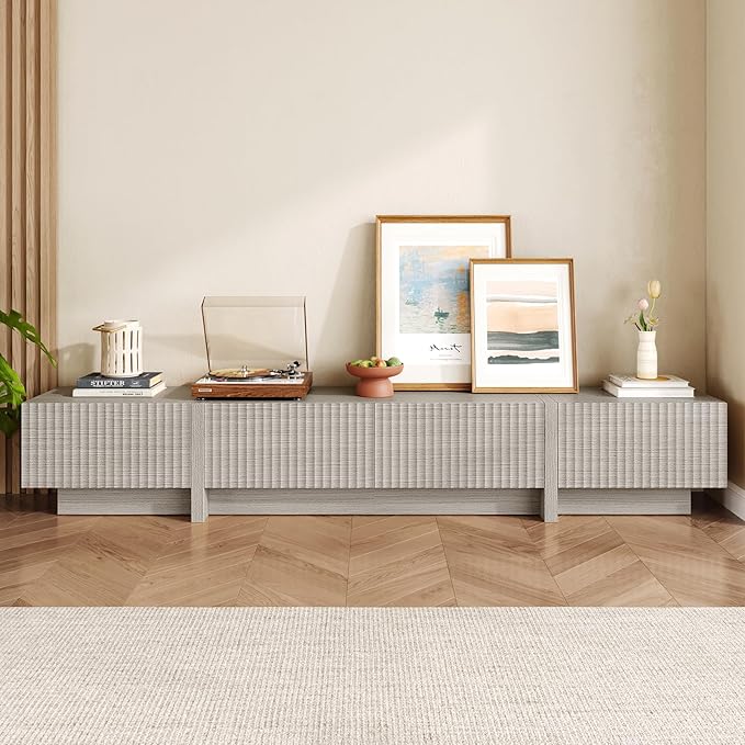 98" TV Stand for Living Room, Modern Entertainment Center with Drawers & Storage Compartments, Large TV Console Fits 55”-95” TVs, Square Top with Grooved Drawer Fronts & Stable Base,Grey