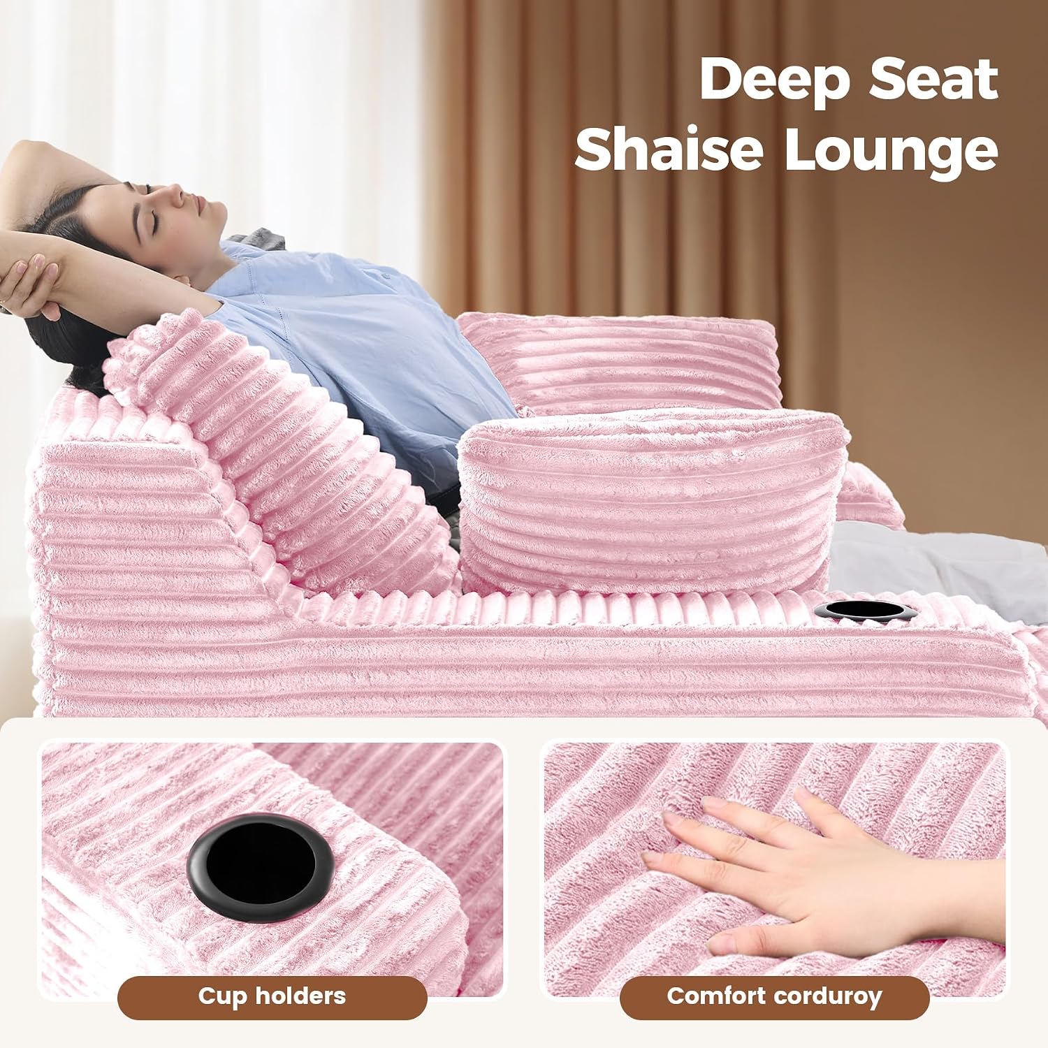 80'' Double Chaise Lounge Chair Indoor, Sofa with Cup Holders 4pcs Pillows | Luxanimarion Deep Seat Sofa with Cup Holders Oversized Boneless Bed for Living Room Bedroom, Corduroy Pink